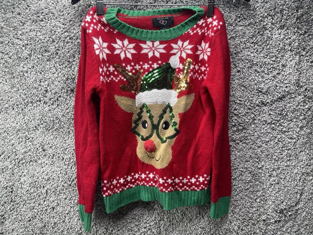 It's Our Time Reindeer Christmas Sweater Girls Size Medium Multicolor Holiday